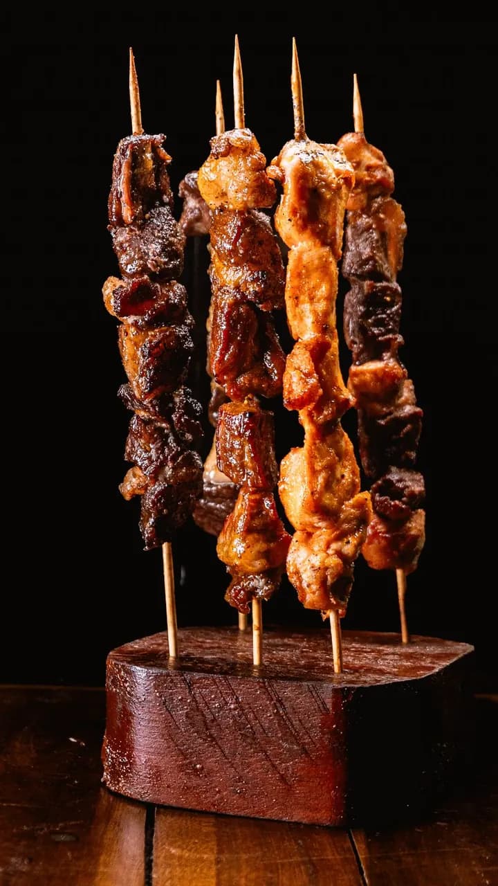 Pinchos de carne sobre soporte de madera, Brasa & Humo, San José