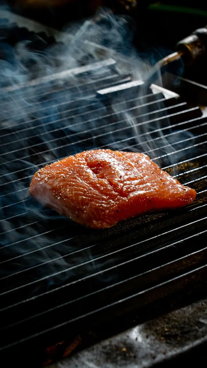 Salmón entre el humo de la parrilla, Brasa & Humo, San José