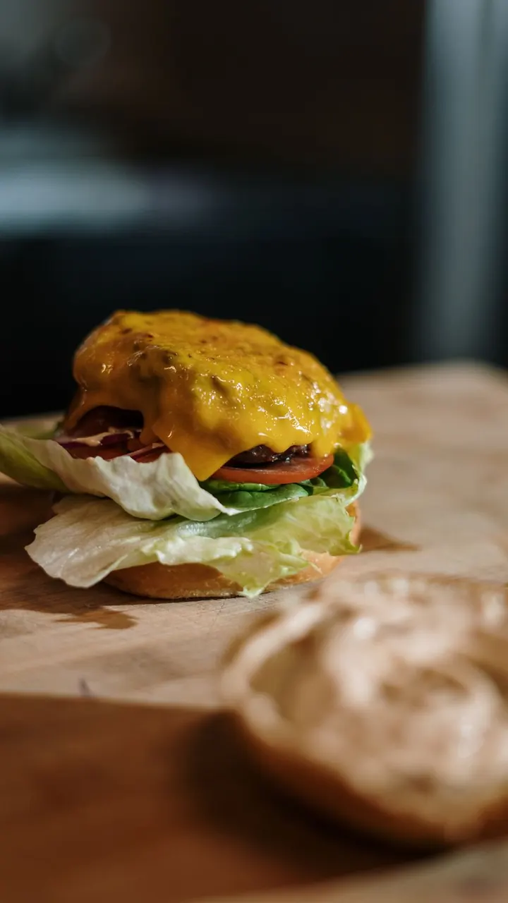 Hamburguesa sencilla sobre tabla de madera, Brasa & Humo, San José